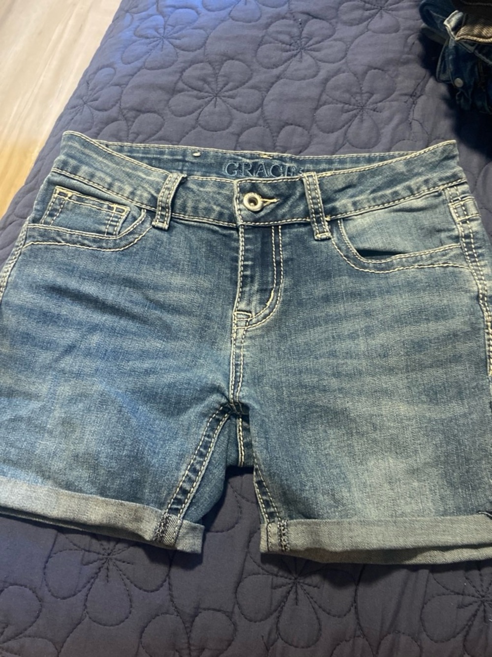 Grace Women's Washed Blue Roll-Cuff Denim Shorts